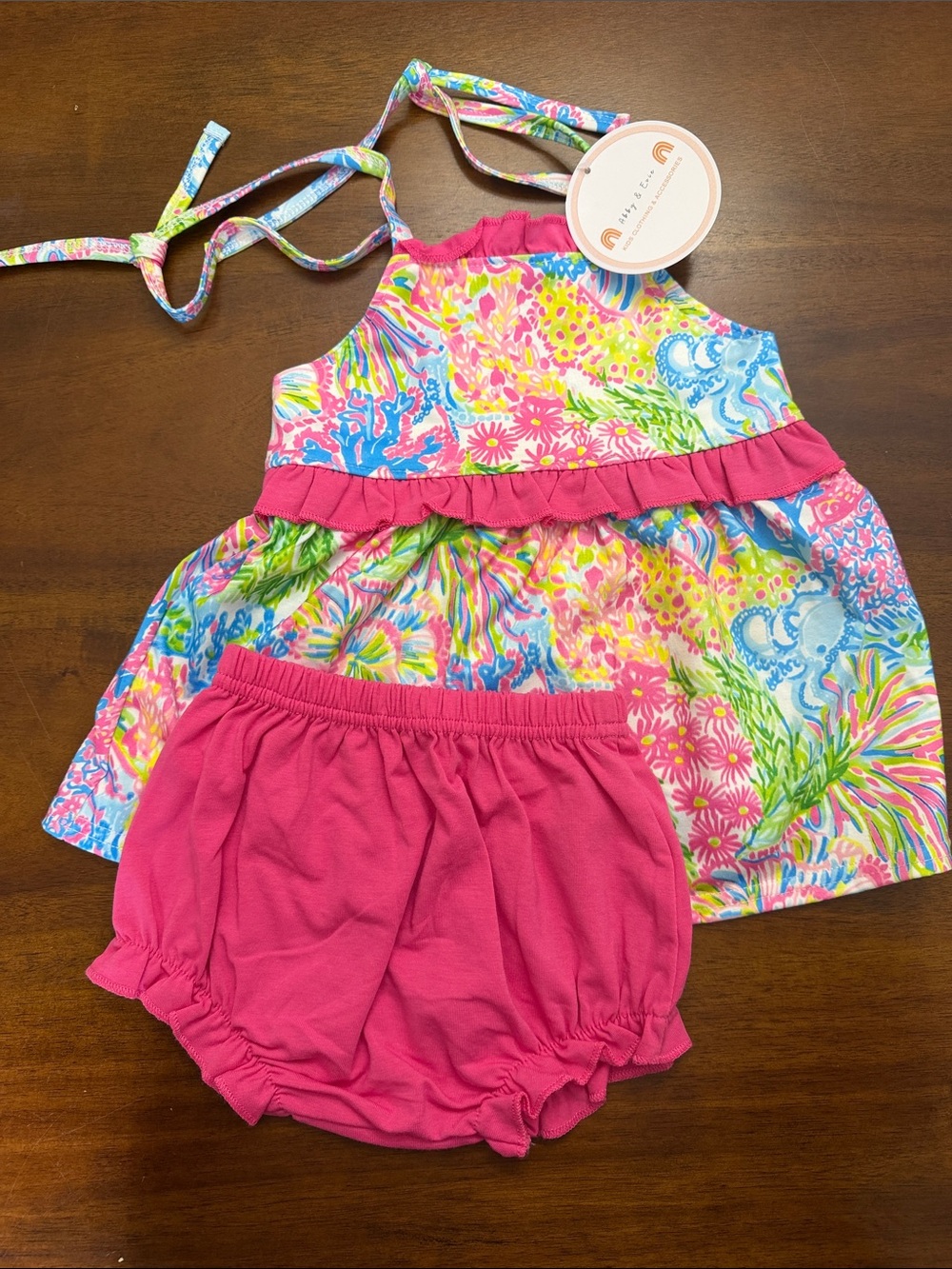 Girls' Pink Floral Halter Top & Hot Pink Bloomers Matching Set